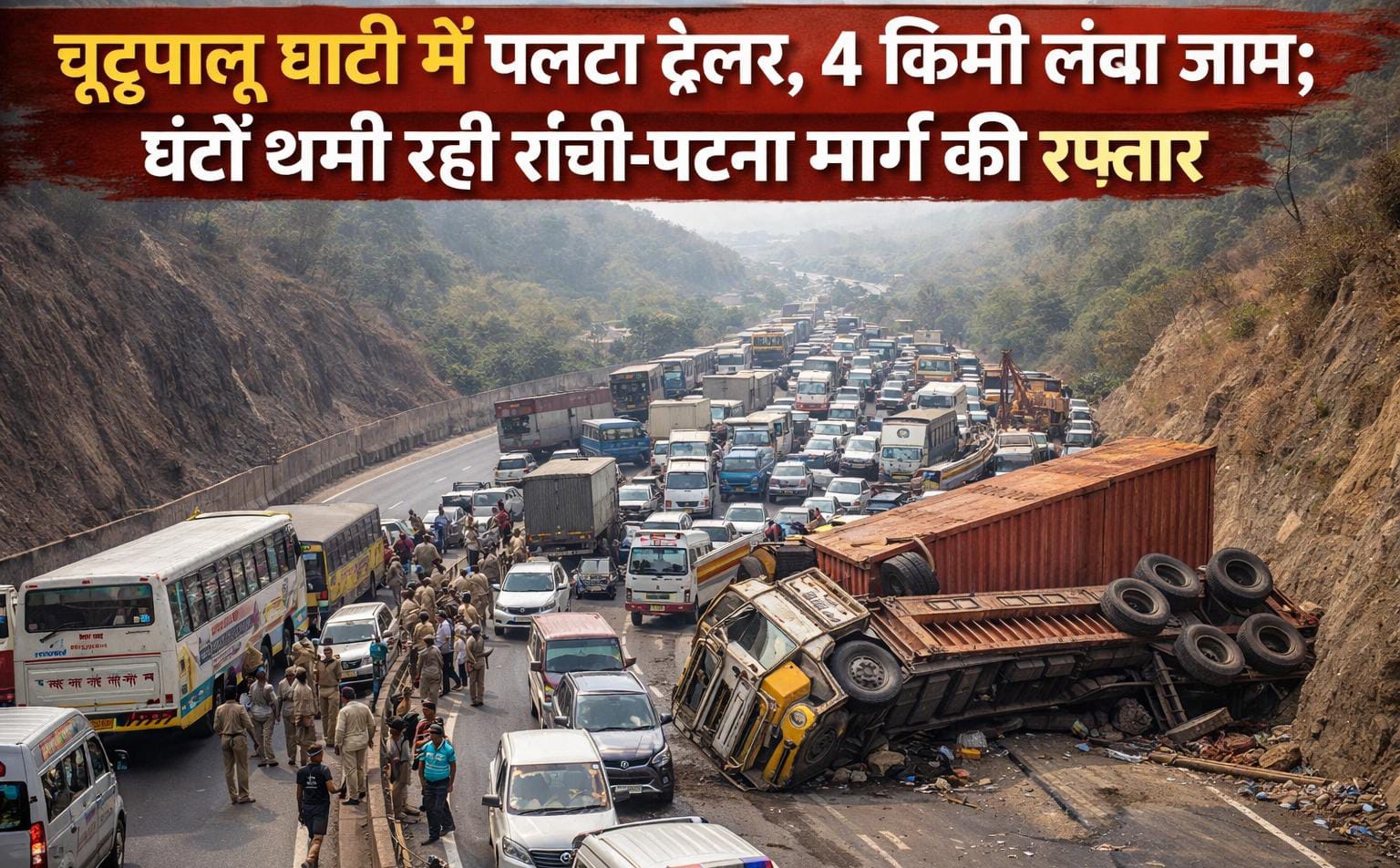 चूटूपालू घाटी में पलटा ट्रेलर, 4 किमी लंबा जाम; घंटों थमी रही रांची-पटना मार्ग की रफ्तार
