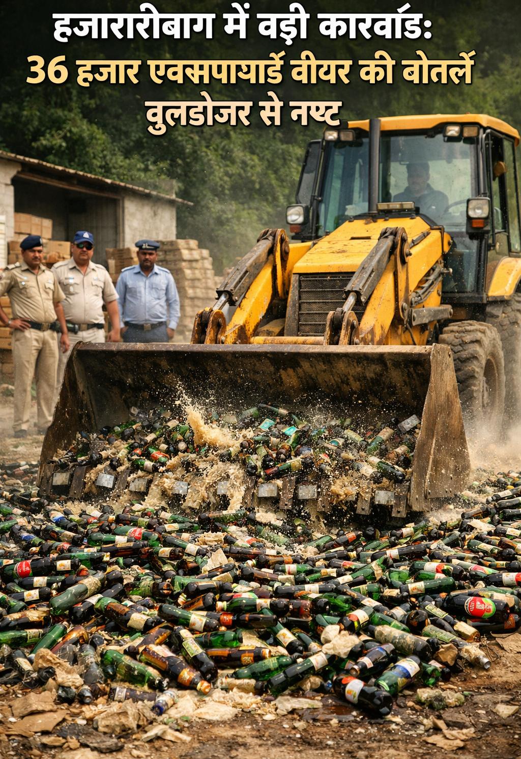हजारीबाग में बड़ी कार्रवाई: 36 हजार एक्सपायर्ड बीयर की बोतलें बुलडोजर से नष्ट