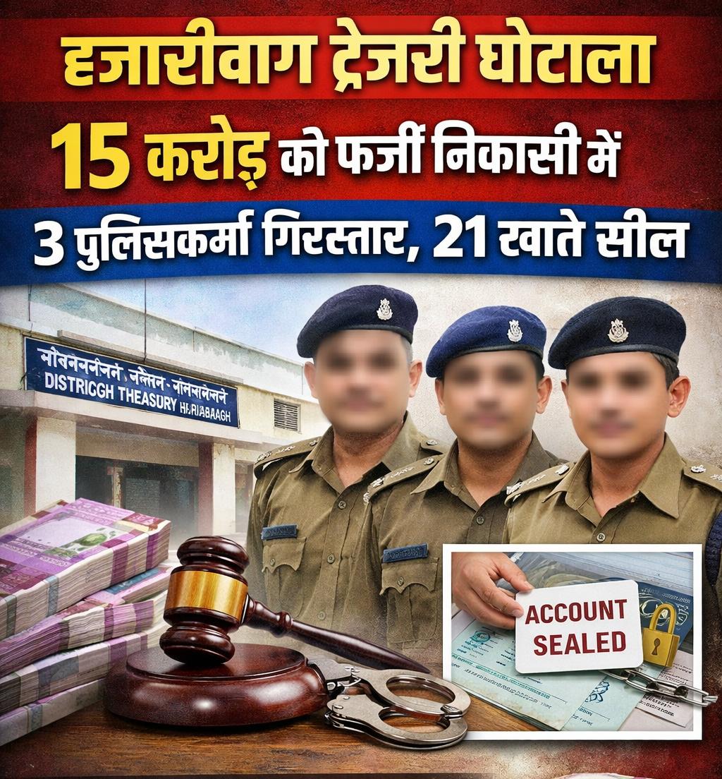 हजारीबाग ट्रेजरी घोटाला: 15 करोड़ की फर्जी निकासी में 3 पुलिसकर्मी गिरफ्तार, 21 खाते सील